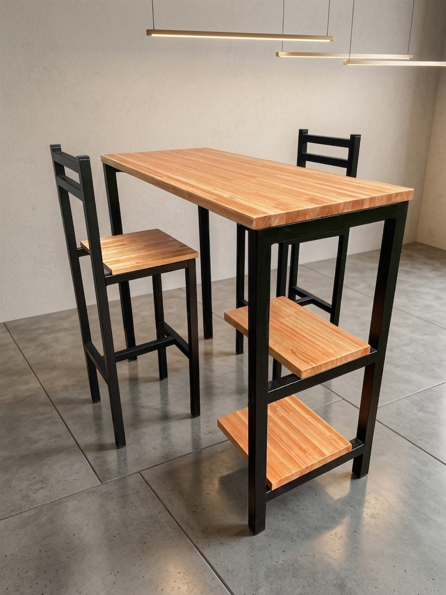 Desayunador alto con banquetas en eucalipto y hierro